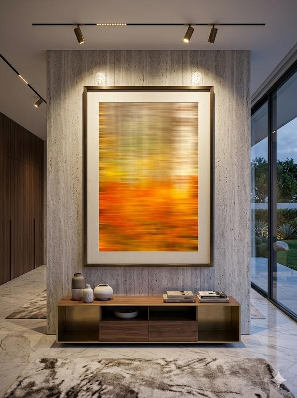 abstract art delusion by Eddie Jongas displayed framed on wall in hallway