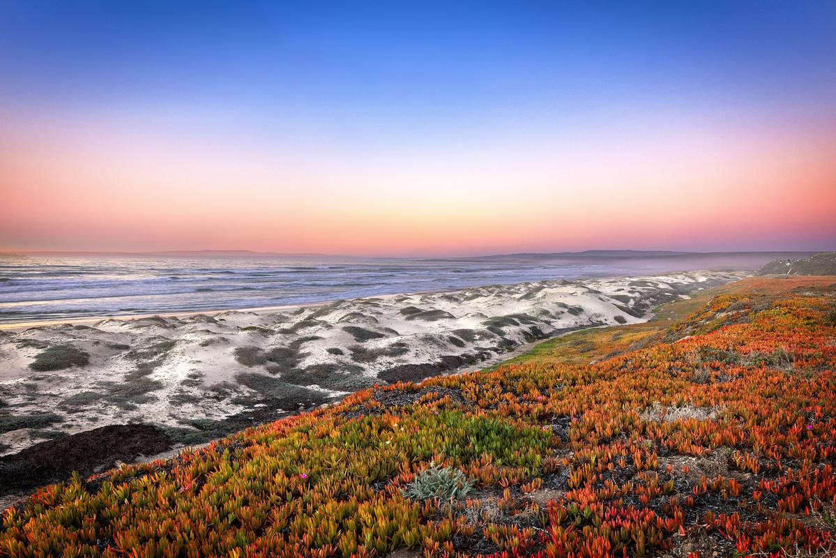 sunset overlooking the dunes and the ocean in pismo beach