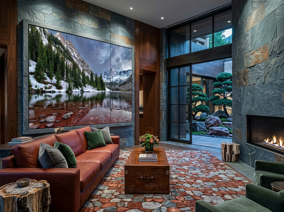living room with fireplace and large wall art by jongas