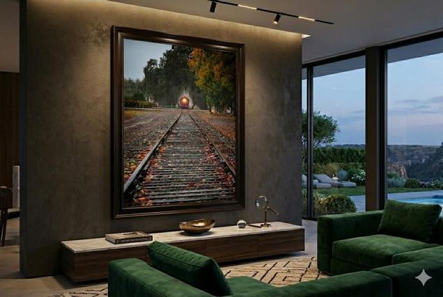 Napa Rail abstract print by Eddie Jongas framed on a wall in family room