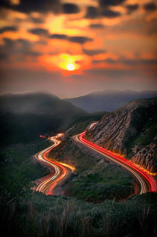 Abstract photography road with light trails sunset